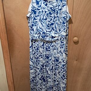 Perceptions Blue and White Cowl Neck Sheath Maxi Dress
